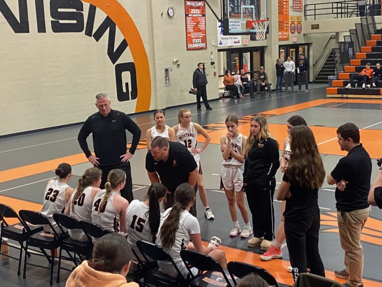 In a hotly contested game the Mustang girls fall to the Marquette Sentinels 47-50 tonight in Munising.