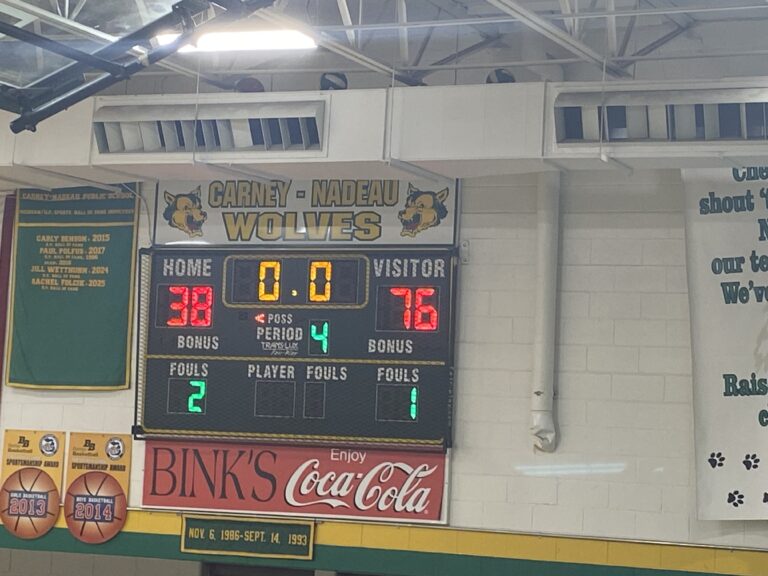 Tough sledding tonight for the Carney-Nadeau Wolves. The Mustang boys defeat the Wolves 76-38 in a running clock game.
